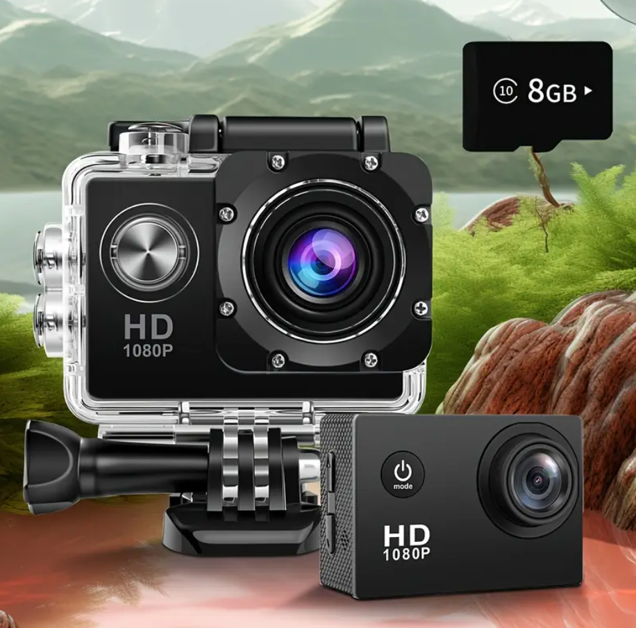 OURLIFE 1080P HD Action Camera, with Complete Accessory Kit, 2-Inch OLED Display, Digital Image Stabilization, Automatic Exposure Control, USB Connectivity, MP4 Format, Fisheye Lens, Hybrid Autofocus, for Sports Enthusiasts,