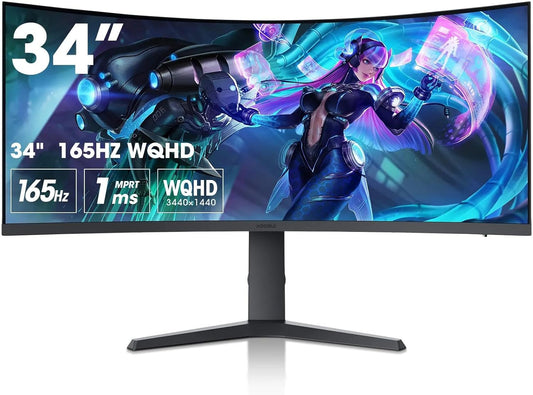 KOORUI 21:9 WQHD 3440 * 1440 4K (HDR 400)34 Inch 1800R Curved Gaming Monitor, 165Hz MPRT 1MS (AMD FreeSync Premium Nvidia G-SYNC) Hdmi DP 90% DCI-P3 OSD Roker Computer Gamer Monitors