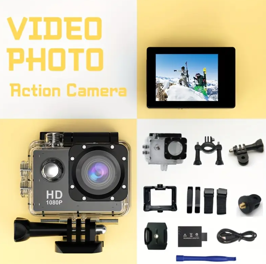 OURLIFE 1080P HD Action Camera, with Complete Accessory Kit, 2-Inch OLED Display, Digital Image Stabilization, Automatic Exposure Control, USB Connectivity, MP4 Format, Fisheye Lens, Hybrid Autofocus, for Sports Enthusiasts,